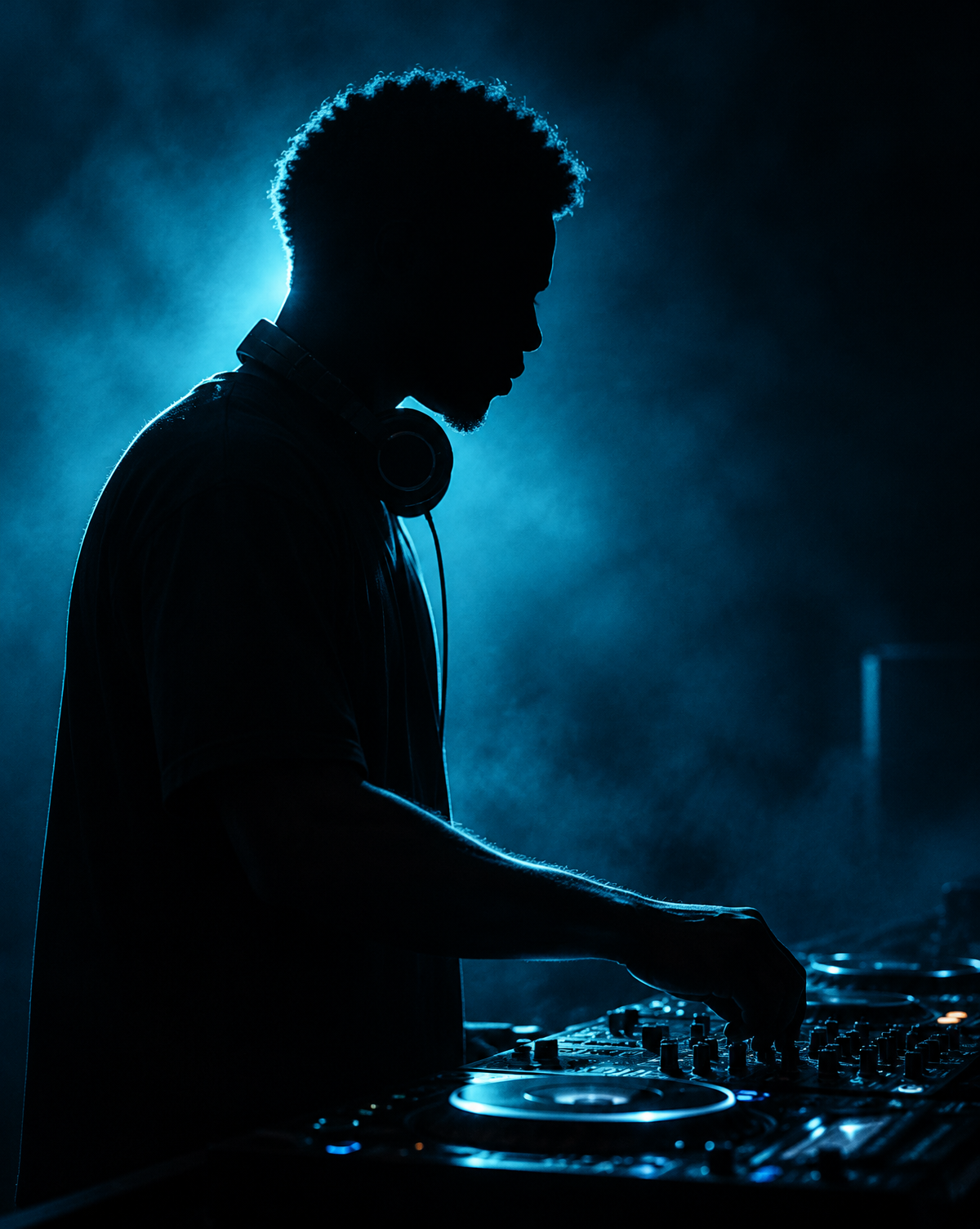 DJ V-DOT shown in a rim-lit profile with headphones