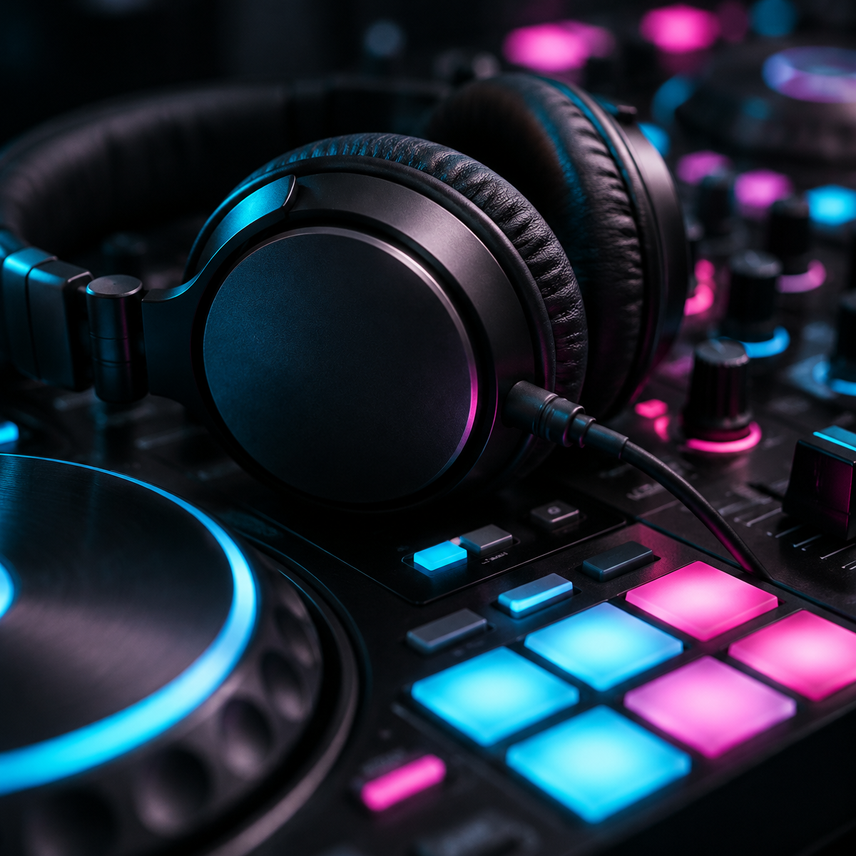 Headphones resting on a DJ controller with glowing pads