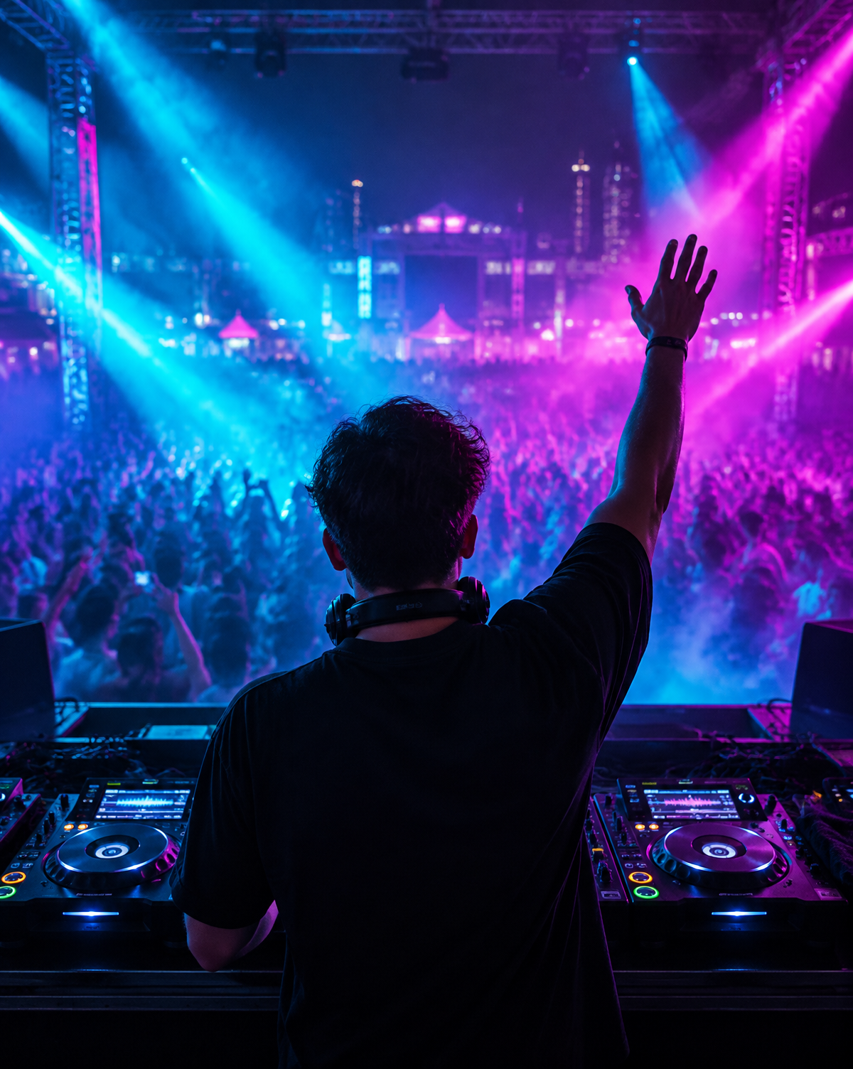 DJ viewed from behind with one hand raised toward the crowd