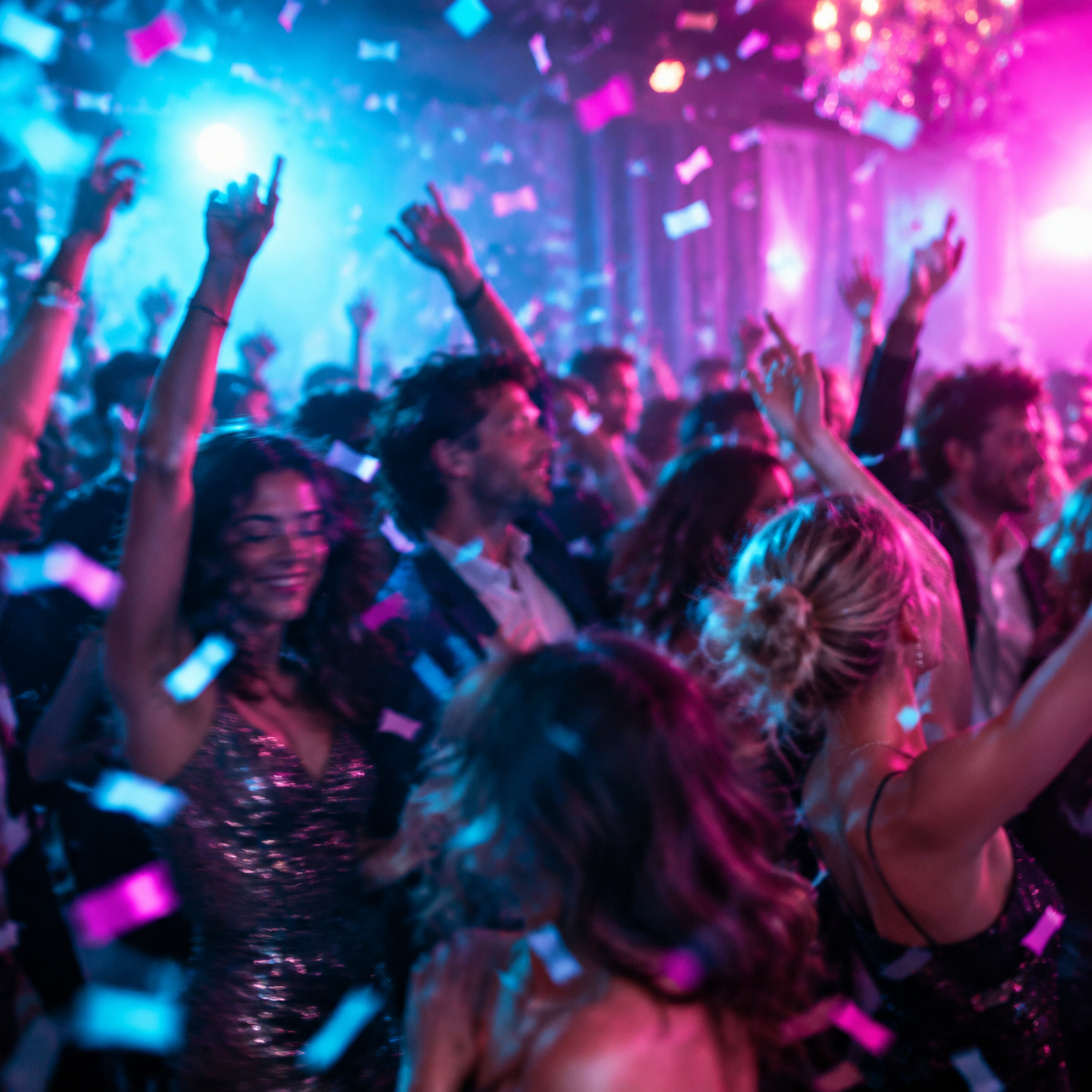 Crowd dancing beneath cyan and pink lights