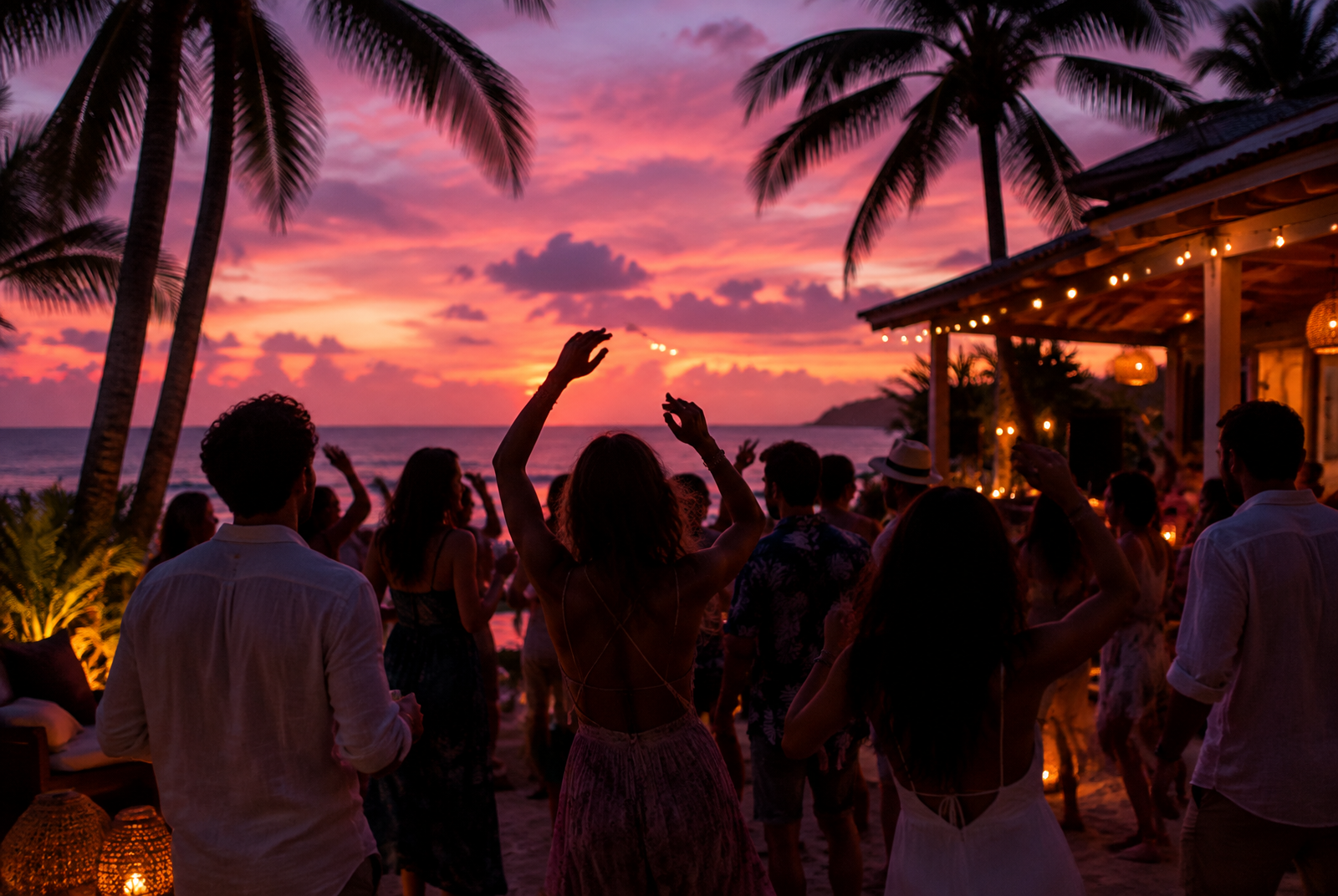 Beach-house celebration beneath palms at dusk