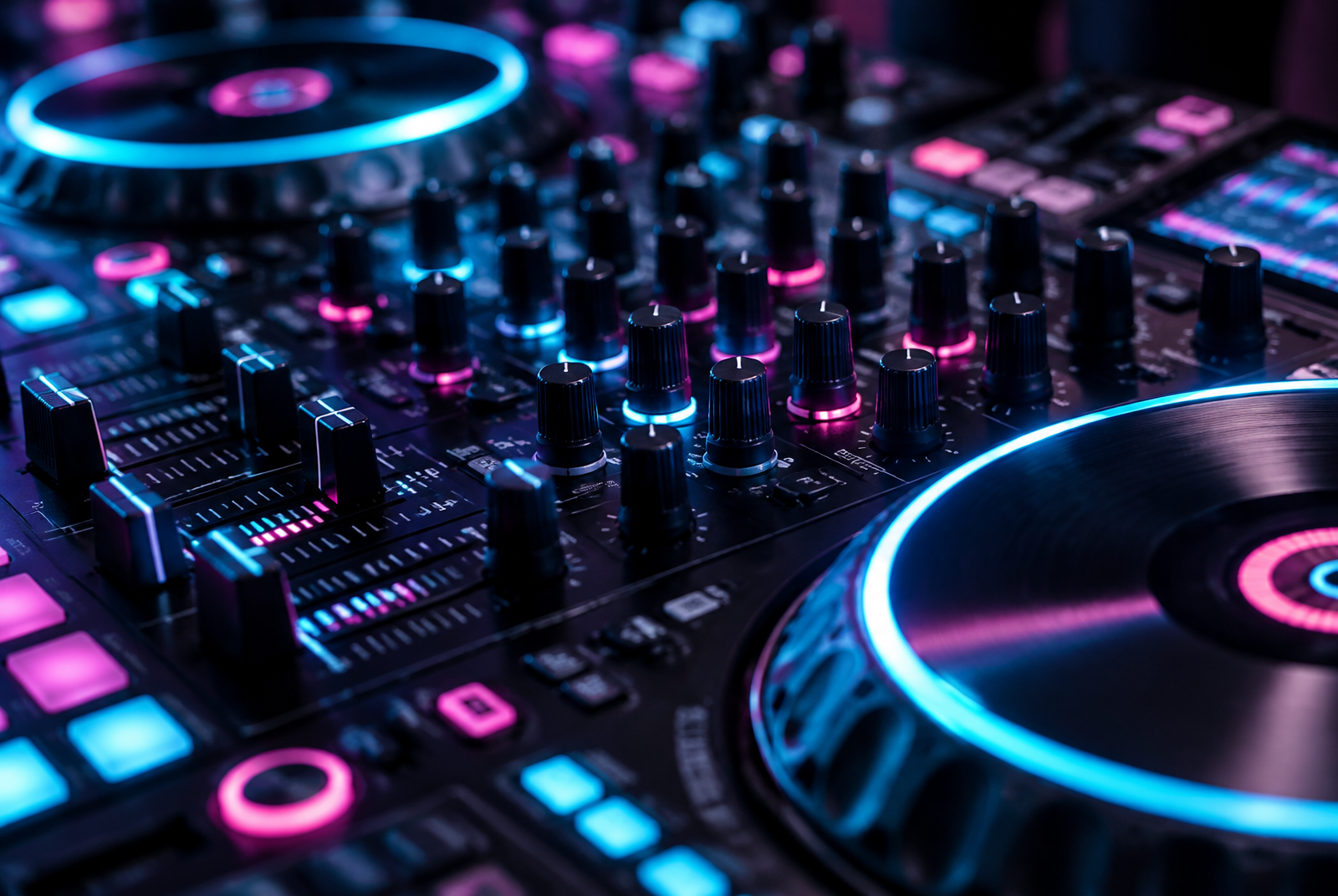 Close view of professional DJ decks and mixer controls