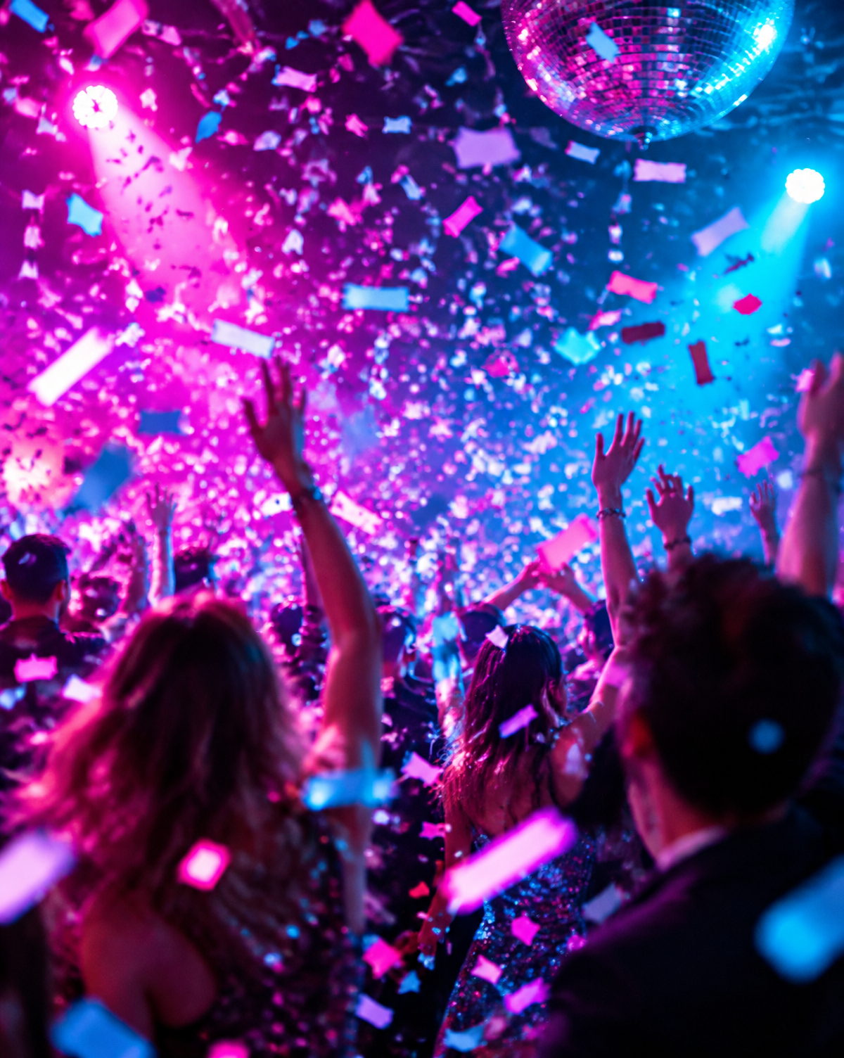 Friends celebrating a birthday beneath falling confetti