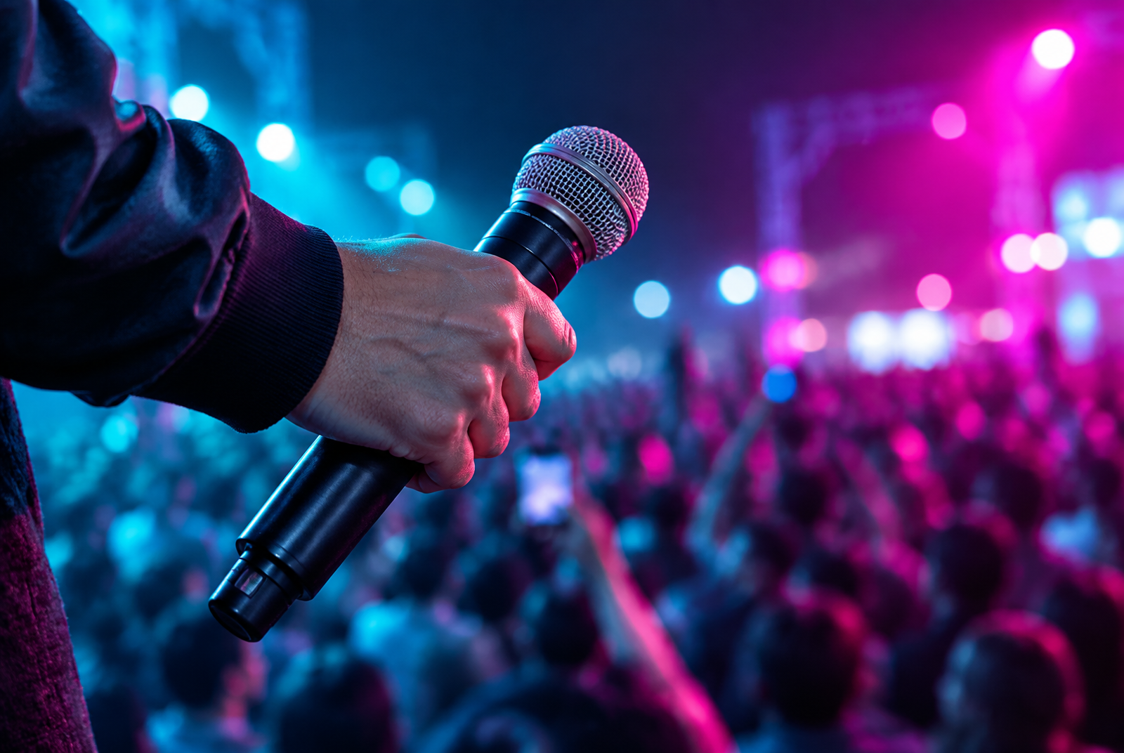 MC holding a wireless microphone under cyan lighting