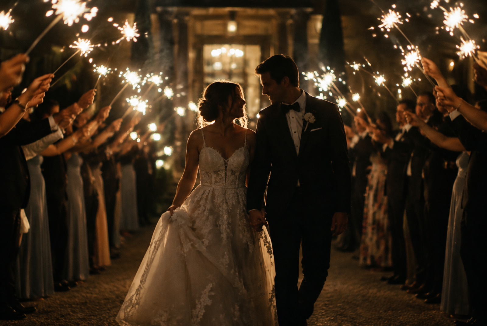 Wedding guests creating a sparkling send-off at night