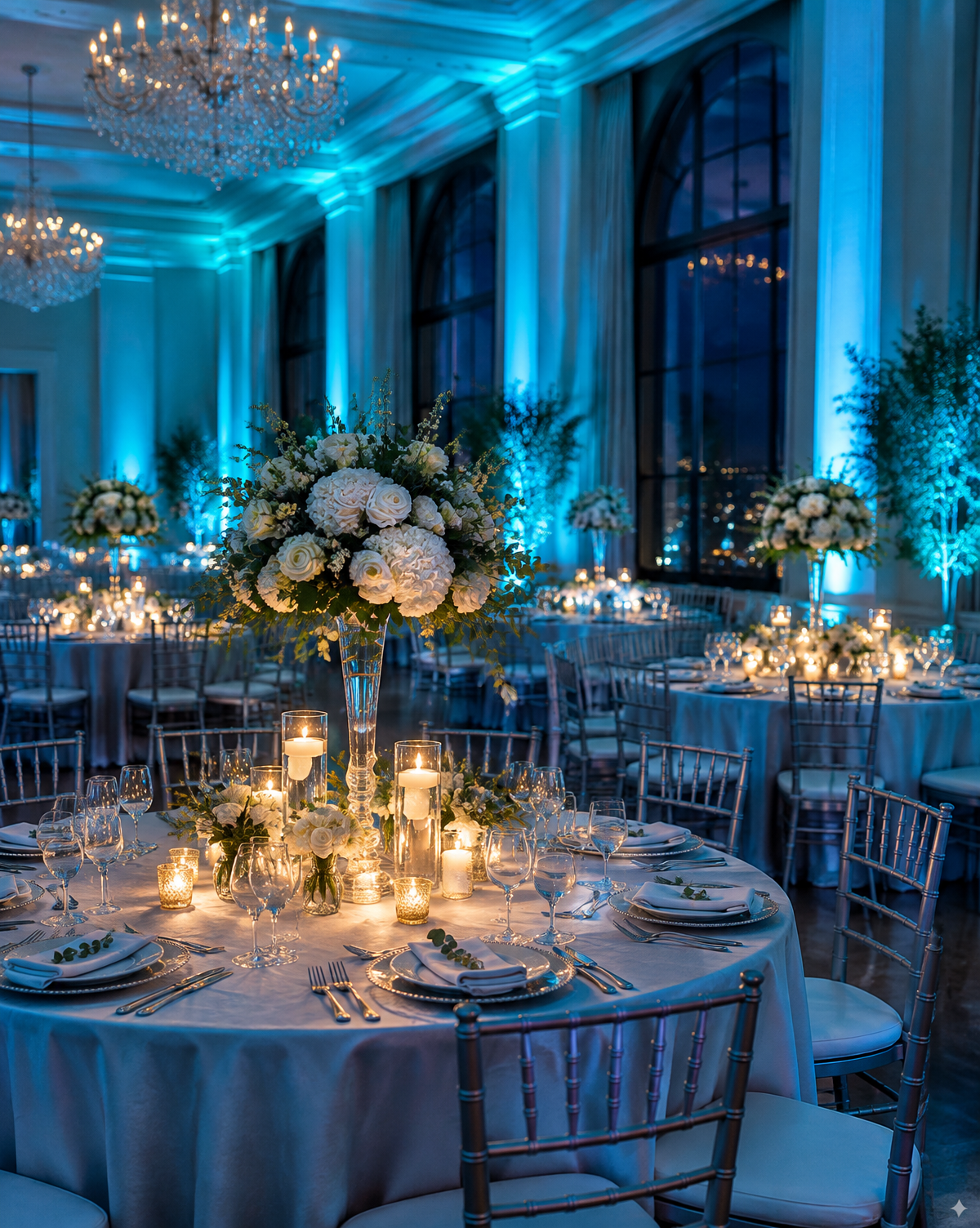 Reception tables glowing beneath cyan uplighting