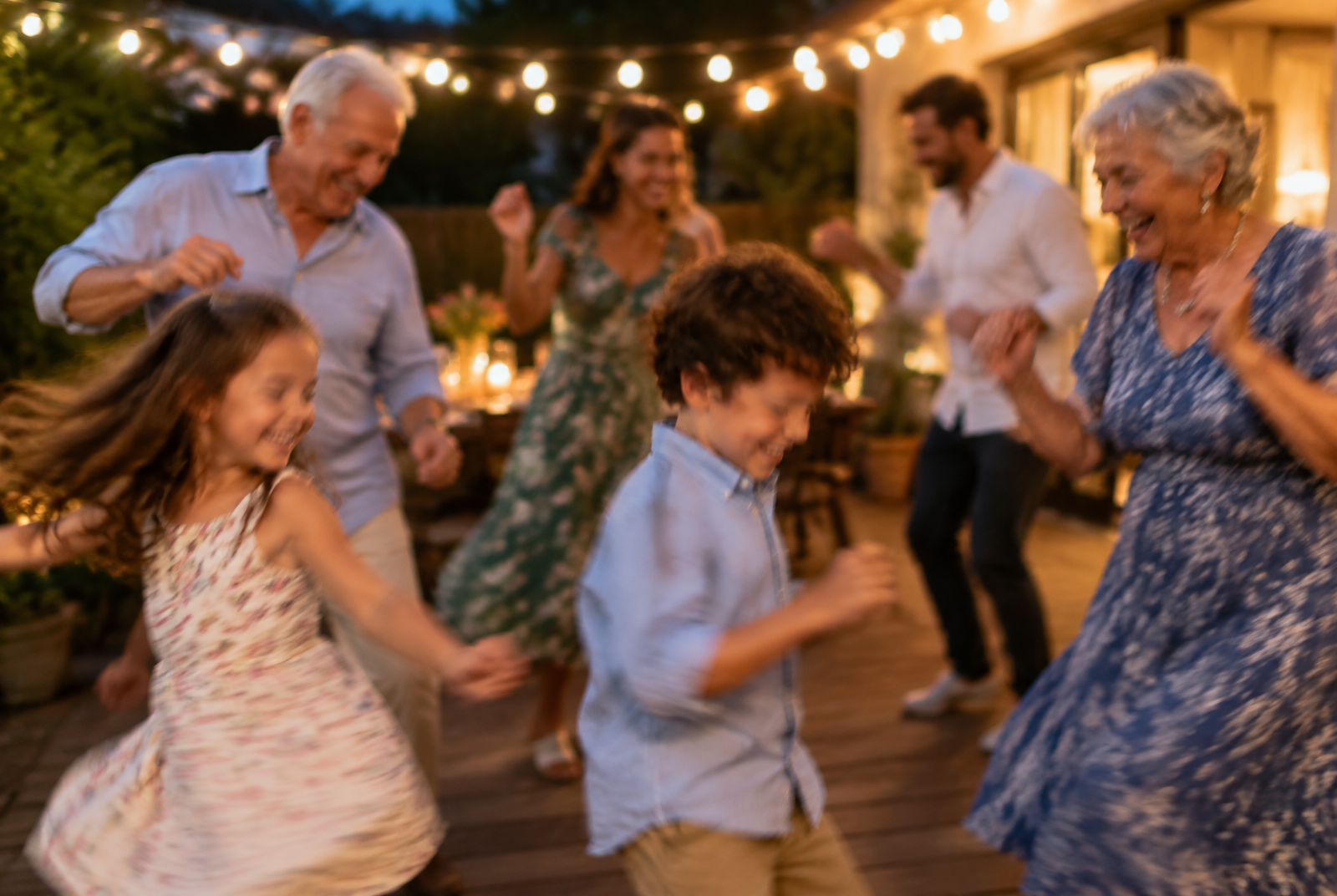 Children and grandparents dancing together at a family celebration