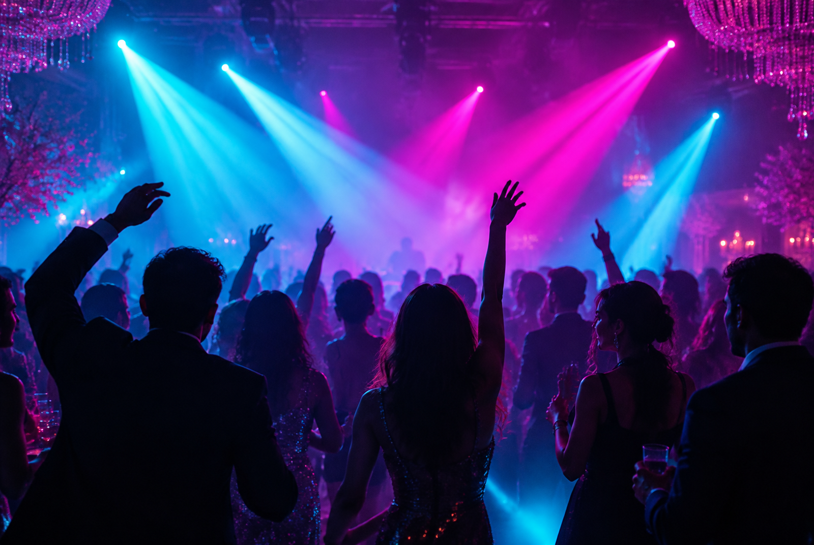 Haze and light beams crossing a lively dance floor