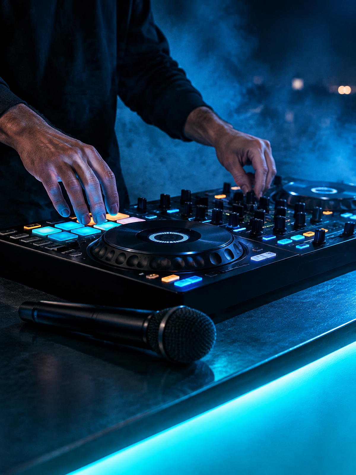 DJ hands working on a controller beside a wireless microphone